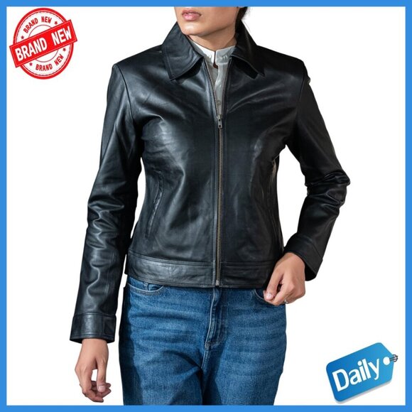 Jackets & Blazers - Premium Lambskin Leather Jacket with Polo Collar, Quilted Lining, Fitted Style